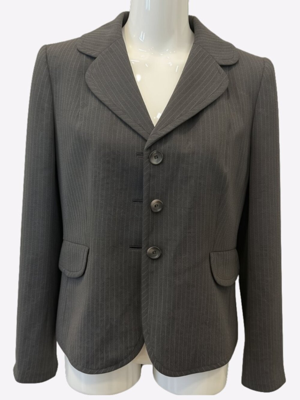 Ann Taylor Pinstripe Grey Blazer Womens Size 12P Office Siren Business Casual